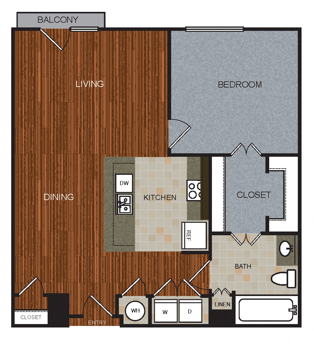 Floor plan for 1 bed, 1 bath, 943 sqft